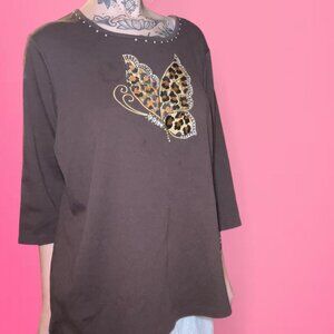 Y2K Rhinestone brown leopard butterfly top